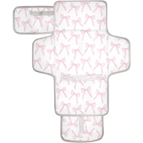 Portable Diaper Changing Pad Foldable Baby Changing Mat with Built-in Pillow Waterproof Changing Pad for Newborn Girls Boys Pinkbows