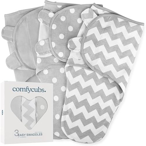 Comfy Cubs Easy Swaddle Blanket, 3 Pack - 100% Cotton Newborn Wrap, Small for 0-3 Months Infants, with Adjustable Velcro, Breathable and Durable Sleep Sack for Babies - Grey