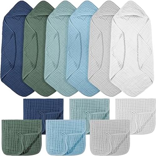 12 Pcs Baby Muslin Hooded Bath Towels and Washcloths, 32 x 32 Inch Muslin Cotton Hooded Baby Towels Absorbent Hooded Blankets for Gift Newborn Infant Shower (Green Blue Gray)