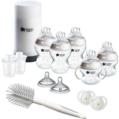 Tommee Tippee Natural Start 14 Piece Baby Bottle, Travel Bottle Warmer & Pacifier Set, 5 BPA Free Bottles, 0+ months, 2 Newborn Pacifiers, 2 Extra Nipples, Removable Bottle Handles, Brush, Clear