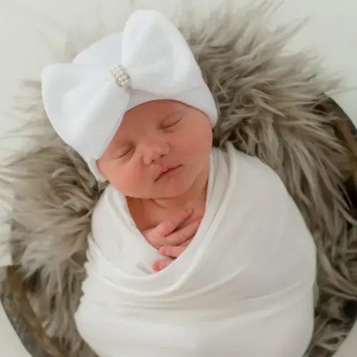 White Nursery Big Bow Newborn Girl Hospital Hat with Pearl and Rhinestone Center - White Infant Hat Newborn Hat