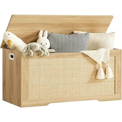usikey 39.4” Storage Chest, Toy Box with 2 Safety Hinges, Rattan Storage Bench with Storage, Toy Chest for bedroom, Shoe Bench, Supports 220 lb, for Living Room, Entryway, Natural