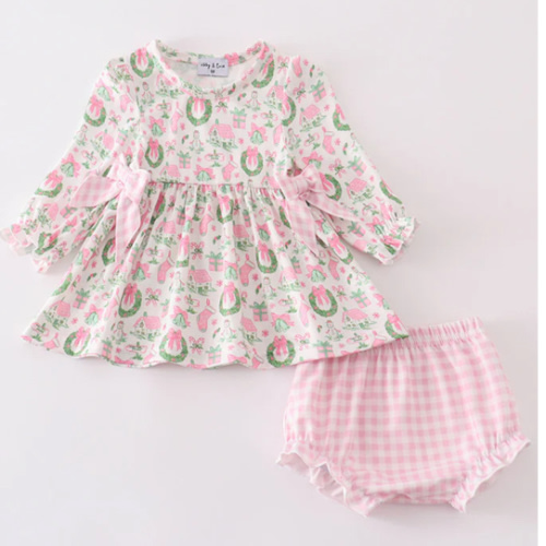 Pink watercolor christmas print baby bloomer set
