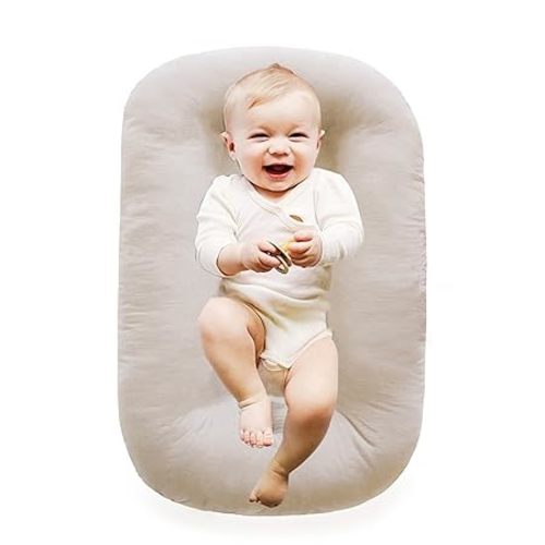 100% Cotton Baby Lounger Play Mat,Tummy Time Mat with Cover for 0-24 Months Newborn Baby,Washable Play Gym Mats for Home Travel-Apricot