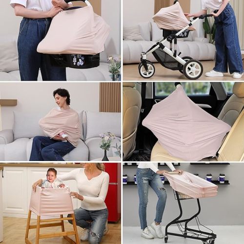 Breathable Car Seat Cover for Babies – Multi-Purpose Soft Rayon Nursing Cover for Breastfeeding, High Stretchy Infant Carseat Canopy, Stroller Cover (Smooth Rayon, Warm Natural) - Warm Natural pink