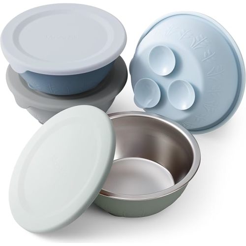 Moonkie Baby Suction Bowls for Self-Feeding: 3 Strong Suction Bases Prevent Spills - Seamless One-Piece Design for Easy Cleanup - Stainless Steel & Silicone Toddler Bowls with Lids - 13 oz 4 Pack