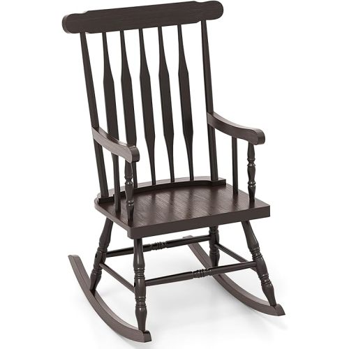 Giantex Outdoor Wood Rocking Chair - Patio Rocking Chair with Solid Rubber Wood Frame, Slat Back, Outside & Indoor Rocker for Garden, Poolside, Balcony, Backyard, Lawn, Front Porch Rocker, Dark Coffee
