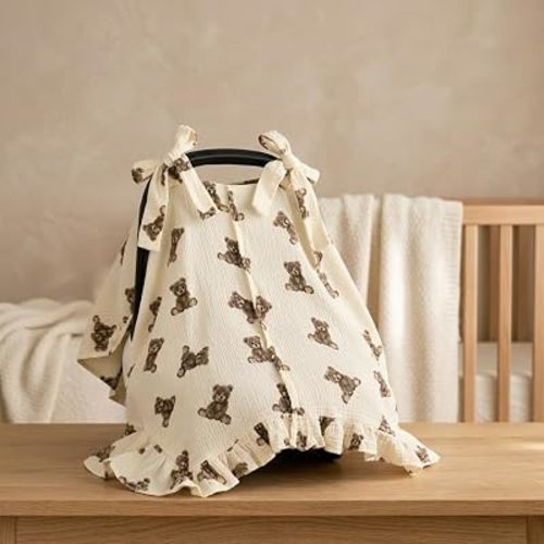 Hooyax Muslin Baby Car Seat Cover Breathable Canopy for Infant, Bow-Tie Stroller Cover, Newborn Carseat Shade for Sun, Wind & Dust Protection, 2-in-1 Nursing Cover & Nap Blanket(Bear)