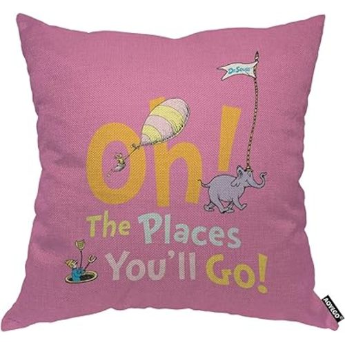 AOYEGO Oh The Places You'll Go Quotes Throw Pillow Cover Elephant Animal Cartoon Balloon Funny Graduation Cute Pillow Case 18x18 Inch Decorative Men Women Room Cushion Cover for Home Couch