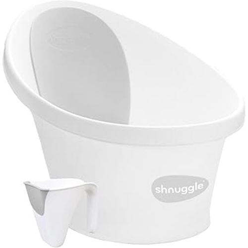 Shnuggle Newborn Bath Essentials Bundle | Baby Bath with Support Bump and Soft Backrest & Rinse Jug | Safe, Gentle, and Stylish Bathtime Set for Babies & Toddlers | White/Grey