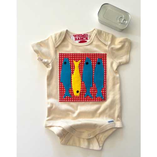 Sardine Fish Onesie-Natural Cotton-Appliqued Soft Recycled Felt-Gender Neutral-Coastal Beach Theme-Nautical-Fun Unique Babywear-Tinned Fish