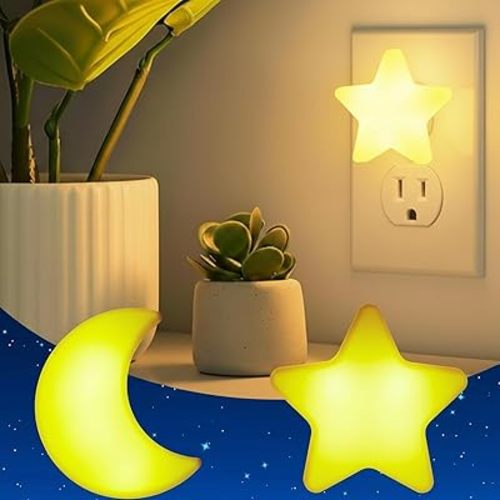 Mudder 2 Pack Night Light Plug into Wall Soft LED Night Light Cute Wall Nursery Lamp Warm Sensor Plug-in Intelligent Nightlight for Bedroom Hallway(Star, Moon,Yellow)