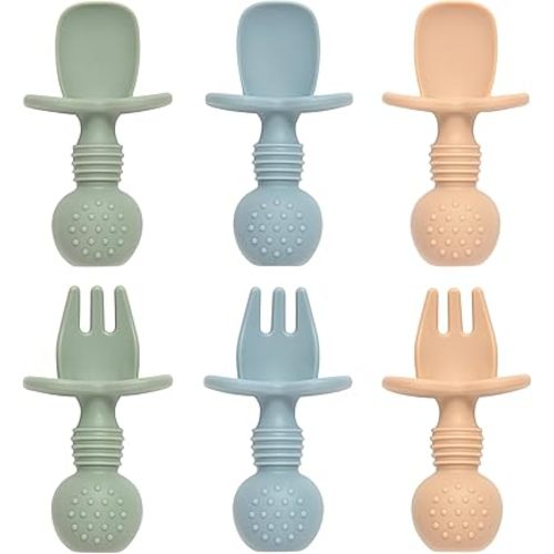 Baby Spoons and Forks Feeding Set, 6 Pack Silicone First Stage Self Feeding Toddler Utensils, BPA Free, Baby Led Weaning Supplies for Training Spoons
