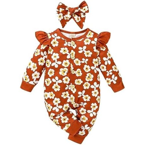 Newborn Baby Girl Clothes Infant Girl Romper Ruffle Long Sleeve Floral Jumpsuit Fall Outfits with Headband
