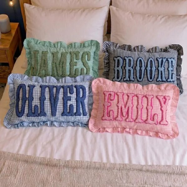 Custom Embroidered Monogram Pillow: Pink Ruffle Cushion for Preppy Room College Decor