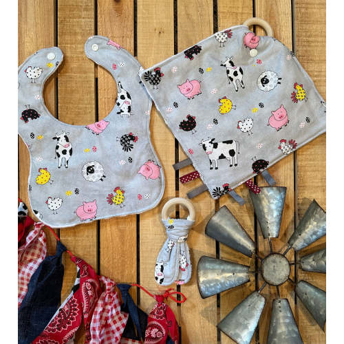 Farm animal baby set bib/tag lovely/teether toy