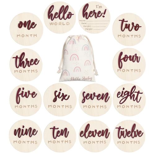 3D Baby Milestone Wooden Circles Hello World Newborn Sign 7 Pack Double Sided Monthly Milestone Cards Sign Baby Announcement Sign for Newborn Shower Photo Props(Reddish Brown)
