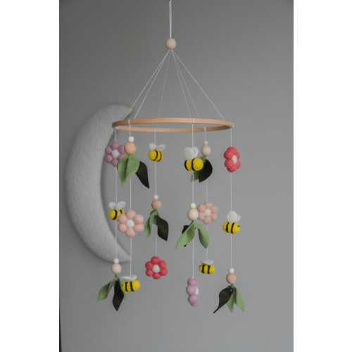 Floral-Themed Bees & Flowers Baby crib Mobile, boucle nursery decor, baby shower gift for baby announcement
