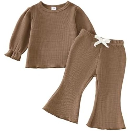 Baby Girl Fall Outfit Toddler Girl Winter Clothes Baby Lantern Sleeve Tops and Flared Pants 2pcs Waffle Clothing Set