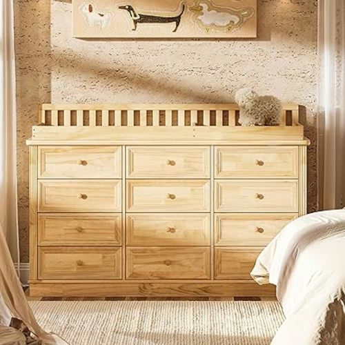 Homsee Baby Changing Table Dresser, 100% Solid Wood Infant Diaper Changing Station Combo, 12-Drawer Baby Nursery Dresser with Removable Tray for Children's Room Bedroom, Nature Color 59.9"W