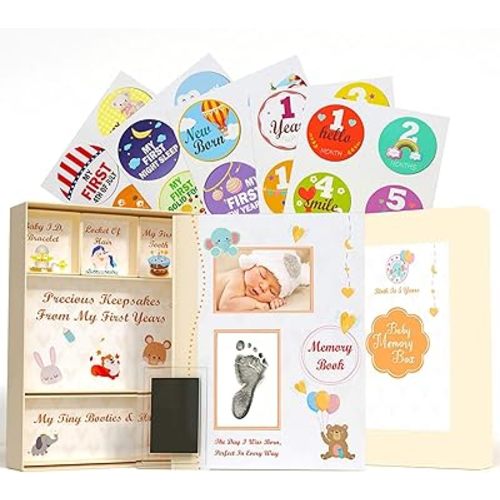 Pearly Tale Baby Memory Book Kit – 73 Page Baby Journal with Baby Album Pages, Keepsake Box, Handprint Kit and Baby Milestone Stickers. Gender Neutral Baby Shower Gifts (And Same Gender Parents)