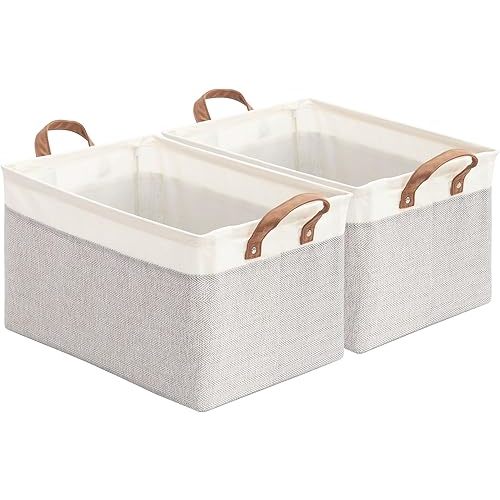 Storage Basket Bins with Metal Frame, Large Collapsible Fabric Storage Baskets for Organizing Shelf, Basket Organizer W/Handles for Toys, Towels, Laundry, Nursery, 2-Pack, White Grey