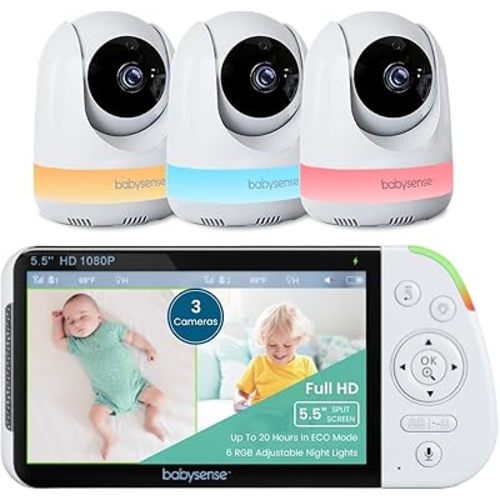 Babysense 5.5" Full-HD Split-Screen Baby Monitor, 1080p Video Baby Monitor with Camera and Audio, 3 Cameras with 6-Color RGB Night Light, 1000ft Range, Two-Way Audio, 4X Zoom, Large Battery