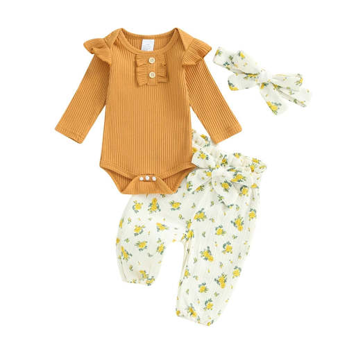 Baby Girls 3Pcs Fall Outfit Long Sleeve Ribbed Romper + Floral Flower – August + Willow