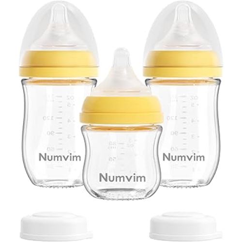 Glass Nurturing Baby Bottle Gentle & Extra Slow Flow, Newborn Breastfeeding Bottle with Anti Colic Nipple for 0 Months Babies, 3 Packs, (Yellow, 3oz+5oz)