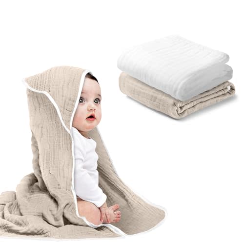 Arnzion Baby Hooded Towels for Babies and Toddlers, Muslin Baby Bath Towel Soft and Absorbency for Boys and Girls (Brown and White 2 Pack)