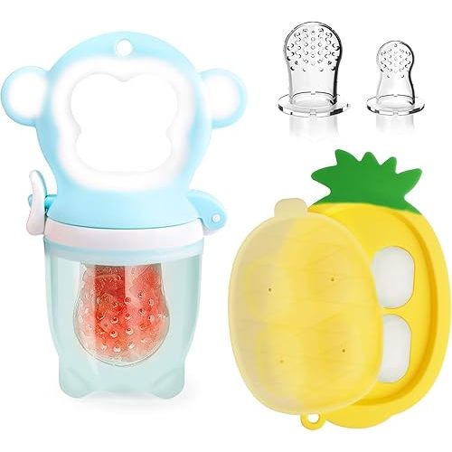 Baby Fruit Food Feeder - Silicone Nibble Tray Combo - Breastmilk Popsicle Mold for Cooling Relief, BPA Free Mesh Feeder for Infant Self Feeding (Monkey Blue + Pineapple)