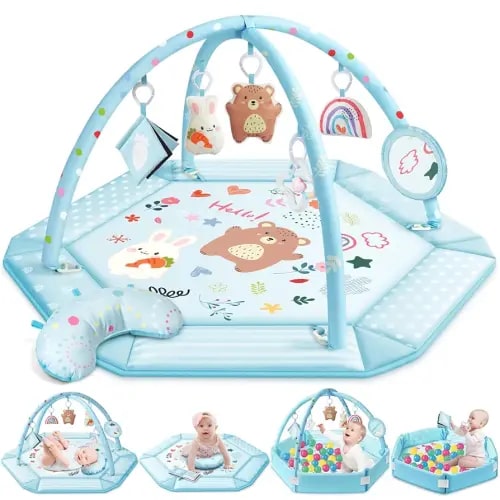 Baby Gym Play Mat, 8-in-1 Tummy Time Mat & Ball Pit with 6 Toys, Washable Baby Activity Mat for Visual, Hearing, Sensory, Motor Development, Baby Gift for Newborn Infant 0-3-6-9-12 Months (Blue)