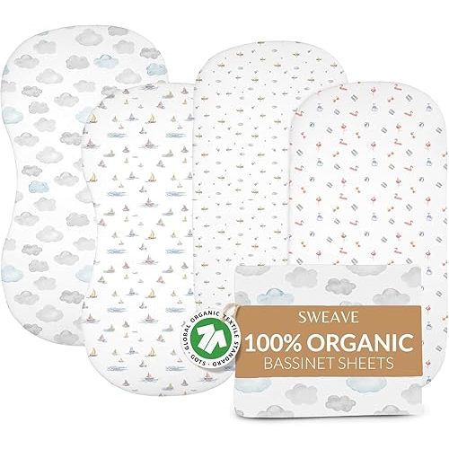 100% Organic Cotton Bassinet Sheets (4-Pack) - GOTS Certified - Bassinet Bedding for Standard Size Oval & Rectangular Mattress - Breathable Percale Weave Softens with Each Wash - 33" L x 15" W