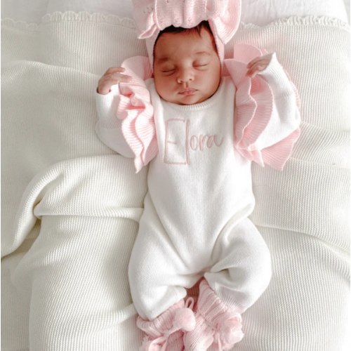 White and pink frill personalised baby romper – Penny and Co Collections