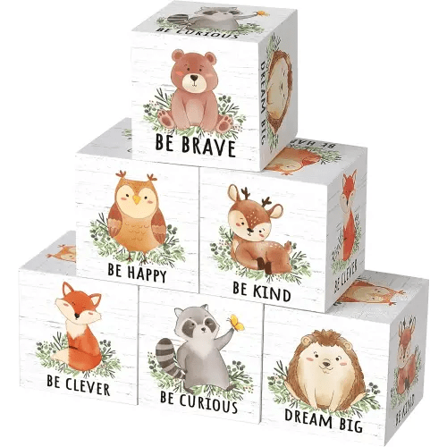 6 Pcs 1.6 Inch Inspirational Woodland Nursery Decor Animals Wall Decor Stuff Wooden Forest Animals Bear Raccoon Lion Fox Block Safari Creature Table Decoration(Woodland)