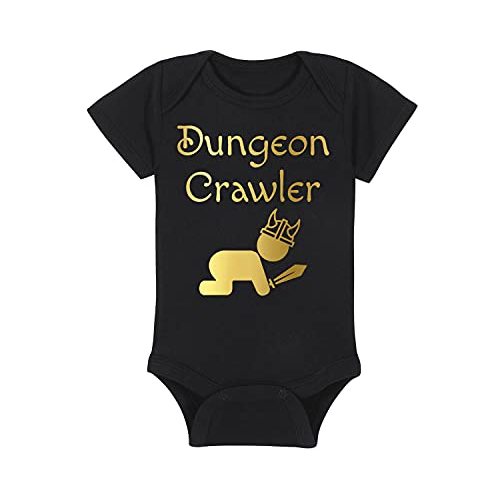 Gaming Baby Onesie - Dungeon Crawler with Baby (3-6 Month - Black Fabric - Gold Design)