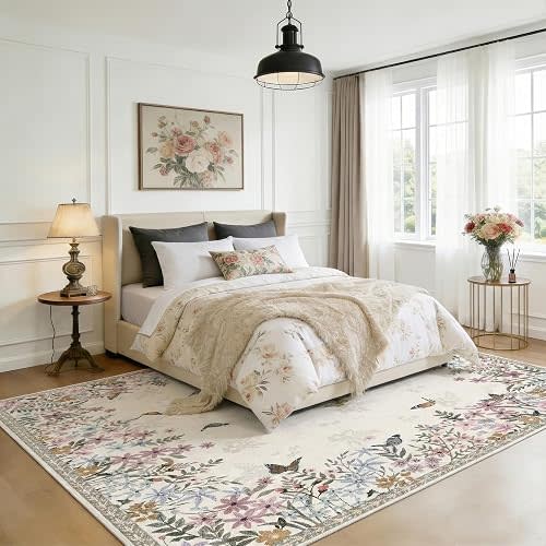 Floral 5x7 Area Rug Machine Washable Soft Print Boho Carpet Non Slip Rugs Low Pile Flower Area Rugs for Living Room Bedroom Nursery Kitchen Dining Room Indoor-Beige