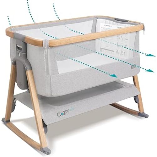 CoZee® Air Baby Bassinet & Bedside Sleeper - Rocking Bassinet for Baby, Fast-Folding with Travel Bag, Deluxe Airflow Mattress & 6 Mattress Heights, 0-6 Months (Silver & Oak)