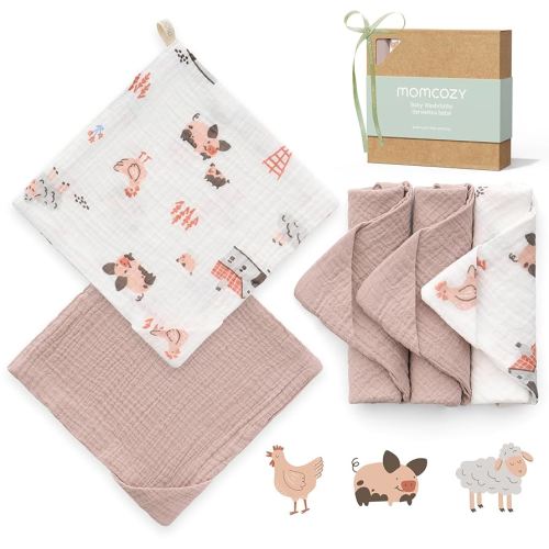Momcozy Soft & Absorbent Baby Washcloths - 4 Layer Design| Medium Thickness| Premium Cotton for Newborns' Skin-Great for Bathing, Wiping & on-The-go Use, Shower Gift and Essential(5 Pack, 10x10 inch)