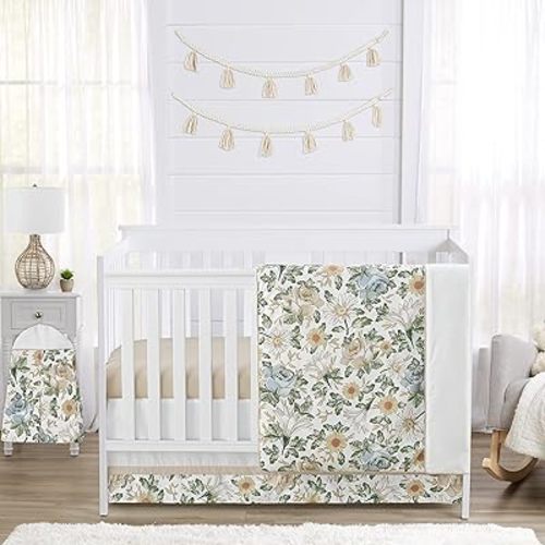 Sweet Jojo Designs Vintage Floral Blue Yellow Baby Girl Nursery Crib Bedding Set - 4 pieces - Slate Green Gold Orange Taupe Beige White Shabby Chic Rose Flower Boho Bohemian Farmhouse Roses Wildflower