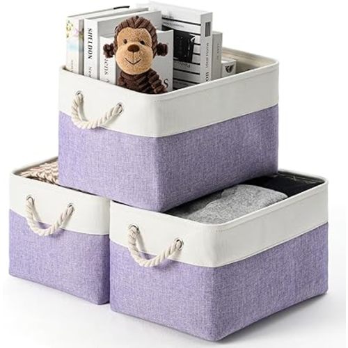 Storage Bins 3 Pack, Fabric Storage Basket for Collapsible Medium Canvas Storage Baskets for Organizing Shelf Nursery Home Closet . (White&Purple-3PCS)