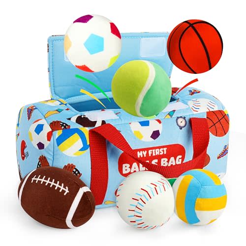 Vanmor Sensory Sports Balls for Toddlers, Baby Toys with Travel Bag, Early Learning Plush Sensory Toy for Infant 12M+, My First Balls Bag with Crinkle, Rattles, Baby Shower Newborn Toys