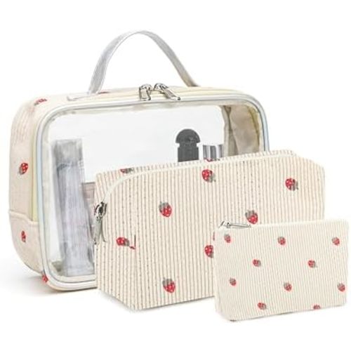 Bluboon 3Pcs Makeup Toiletry Bag for Women, Clear Packing Cubes Cosmetic Bag for Travel Women With Zipper Travel Essentials (Corduroy strawberries 2)