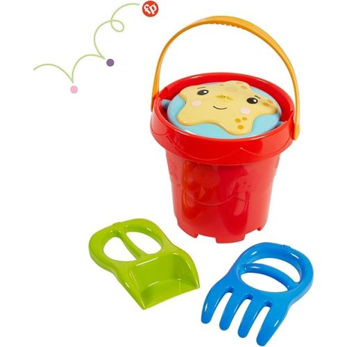 Fisher-Price Toddler 3-in-1 Beach Bucket, Portable Sprinkler and Sandcastle Mold | Water Toy and Sand Toys for Ages 18+ Months | Includes Sand Tools