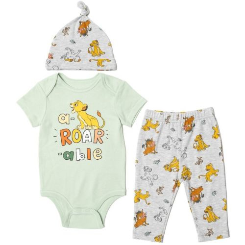 Disney Lion King Simba Pumbaa Timon Newborn Baby Boys 3 Piece Outfit Set: Cuddly Bodysuit Pants Hat Gray / Green Newborn
