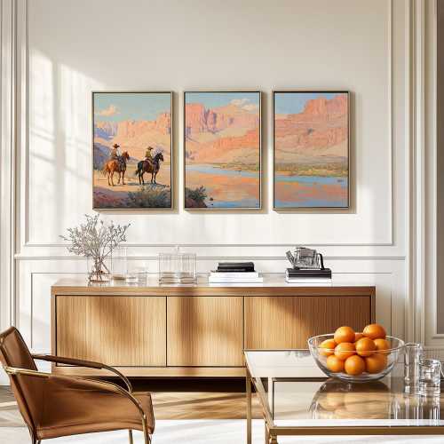 Cowboy 3 Piece Wall Art, Western Oil Painting Set of Three Prints, Desert Landscape, Rodeo Horseback Riding Equestrian Decor GA978