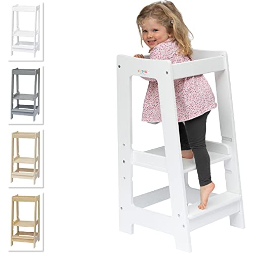 Stepup Baby Montessori Toddler Tower Kitchen Wooden Helper Step Stool, Adjustable Toddler Steps with Safety Rail - White