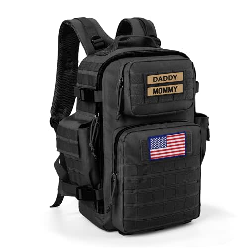 SHARKMOUTH Dad Diaper Bag for Men - Military Baby Backpack with Patches for Hiking Travel Camping Trips - Baby Shower Gifts Black