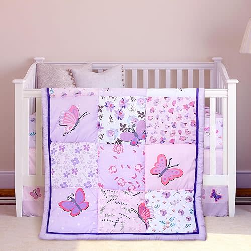 Tudomro 3 Pieces Butterfly Nursery Crib Bedding Set for Girls, Standard Size Bedding Sets with Comforter Fitted Sheet Crib Skirt(Purple)