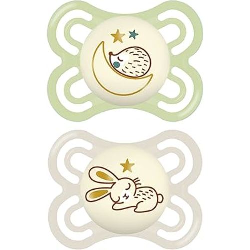 MAM Perfect Night 0-6M, Patented Nipple Baby Pacifier, Glows in the Dark, 2 Pack, Unisex